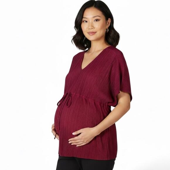 Ingrid + Isabel Plissé Tunic Maternity Top XL Burgundy Maroon Dolman Sleeve - Picture 1 of 6